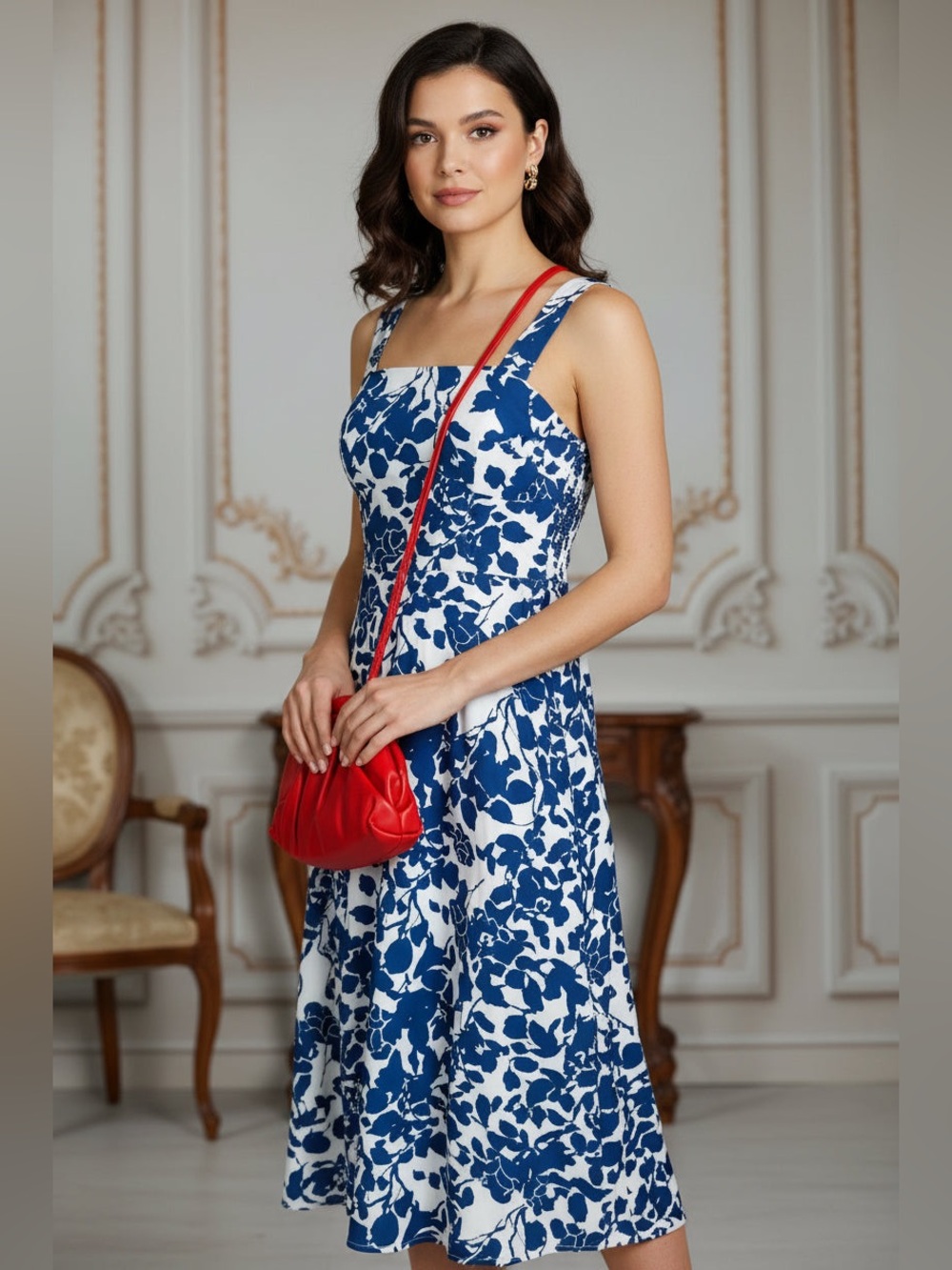 Blue & White Floral Midi Dress with Square Neck